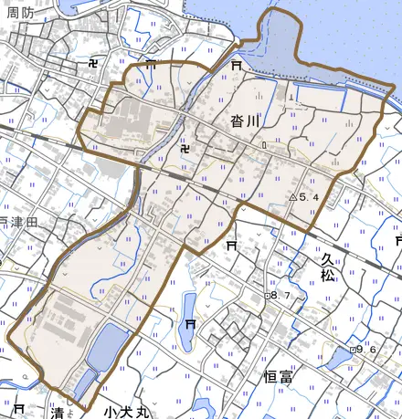 大字沓川とその周辺の地図。町の範囲を重ねている