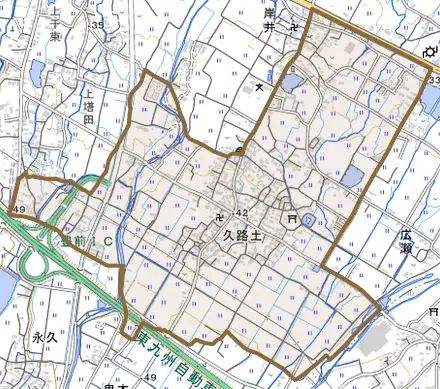 大字久路土とその周辺の地図。町の範囲を重ねている