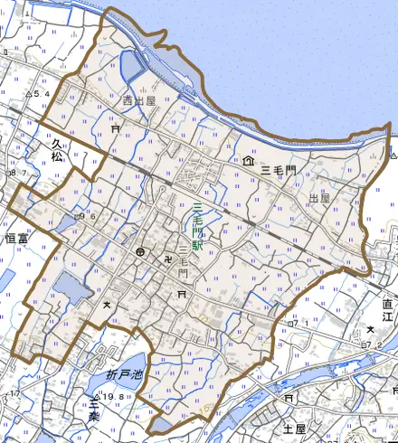 大字三毛門とその周辺の地図。町の範囲を重ねている