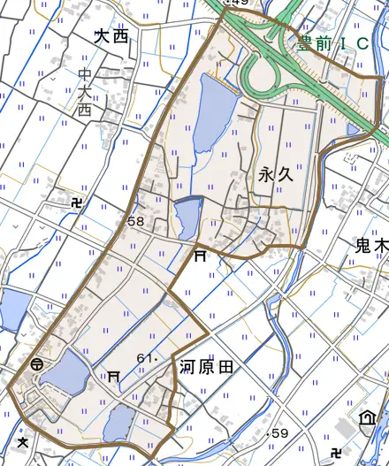 大字永久とその周辺の地図。町の範囲を重ねている