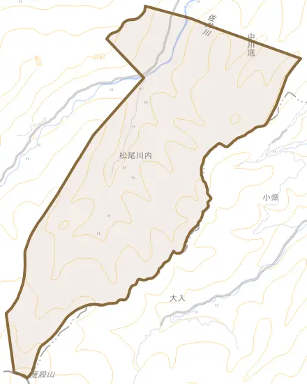 大字中川底とその周辺の地図。町の範囲を重ねている