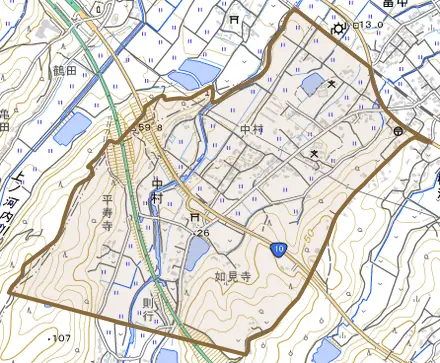 大字中村とその周辺の地図。町の範囲を重ねている