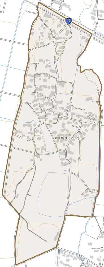 大字野田とその周辺の地図。町の範囲を重ねている