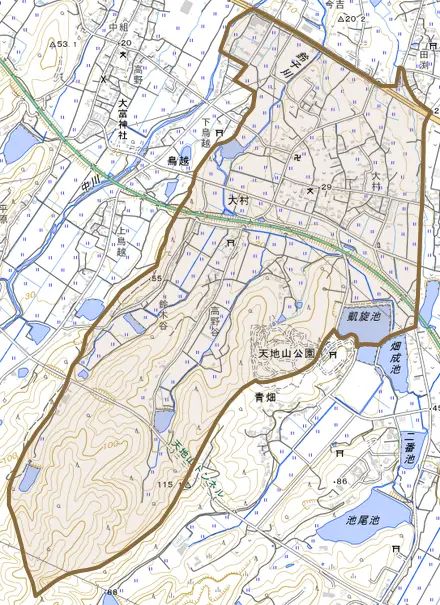 大字大村とその周辺の地図。町の範囲を重ねている