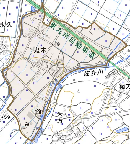 大字鬼木とその周辺の地図。町の範囲を重ねている