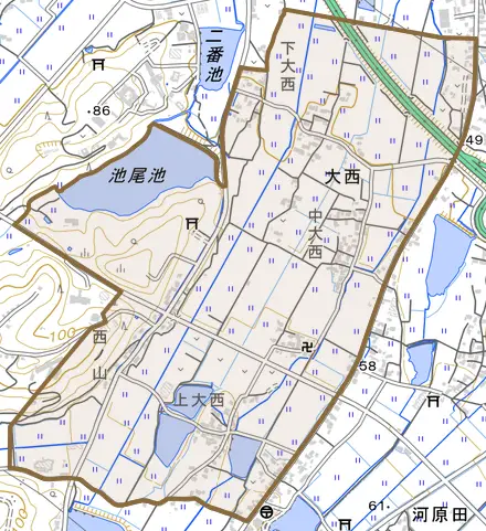 大字大西とその周辺の地図。町の範囲を重ねている