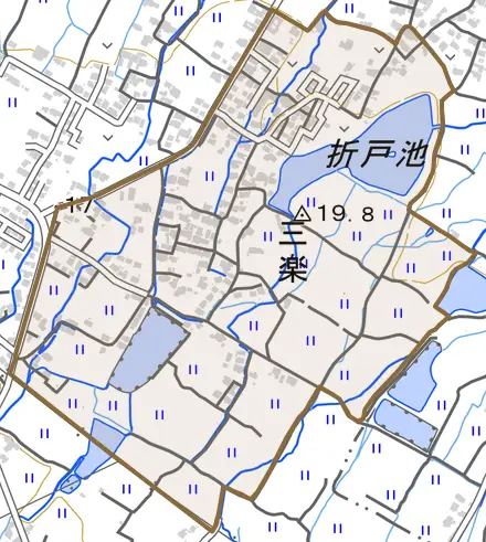 大字三楽とその周辺の地図。町の範囲を重ねている