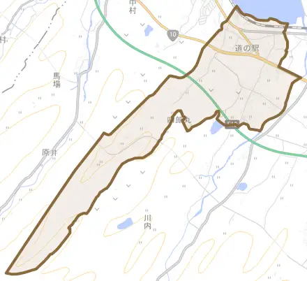 大字四郎丸とその周辺の地図。町の範囲を重ねている