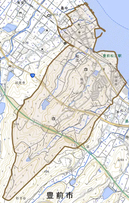 大字松江とその周辺の地図。町の範囲を重ねている