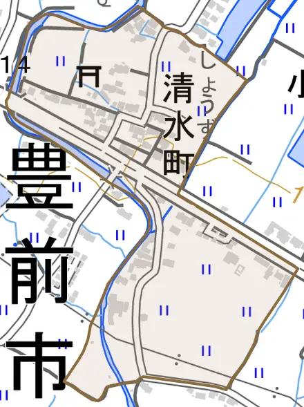 大字清水町とその周辺の地図。町の範囲を重ねている