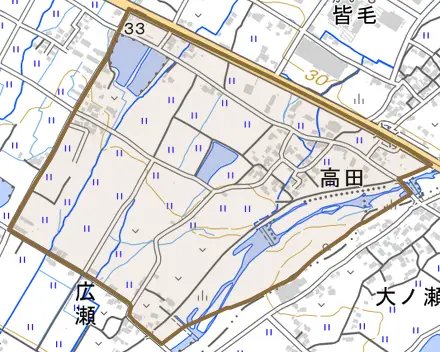 大字高田とその周辺の地図。町の範囲を重ねている
