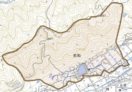 大字天和とその周辺の地図。町の範囲を重ねている