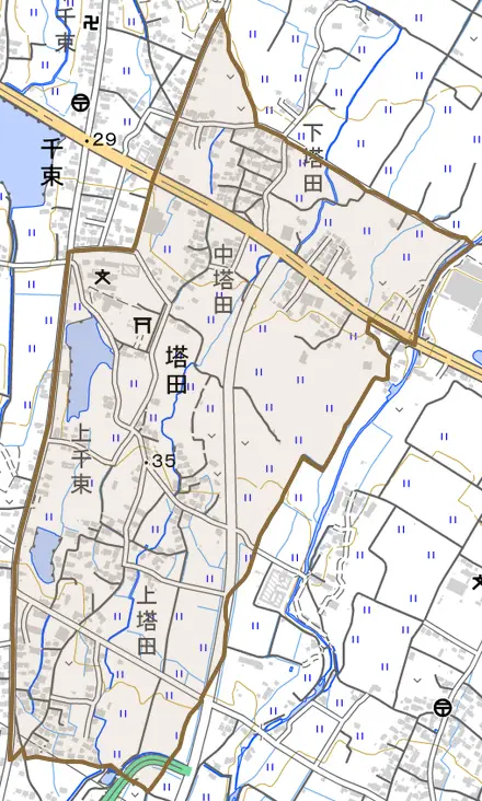 大字塔田とその周辺の地図。町の範囲を重ねている