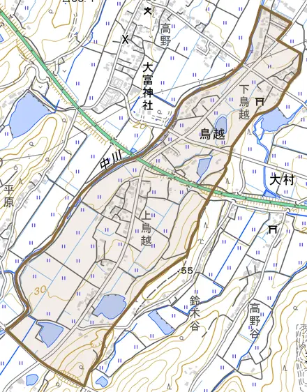 大字鳥越とその周辺の地図。町の範囲を重ねている