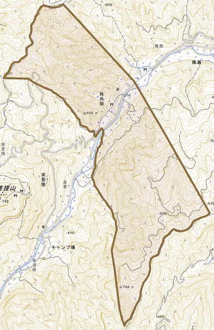 大字鳥井畑とその周辺の地図。町の範囲を重ねている