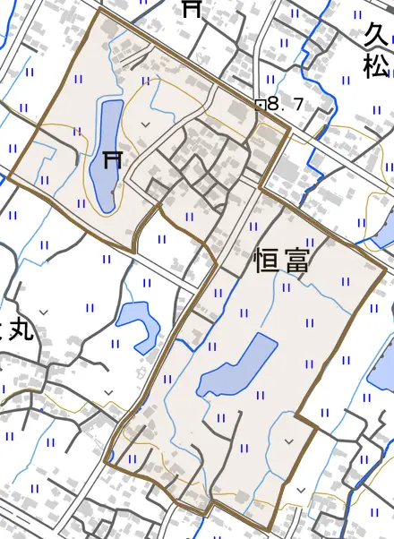 大字恒富とその周辺の地図。町の範囲を重ねている