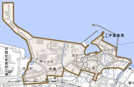 大字宇島とその周辺の地図。町の範囲を重ねている