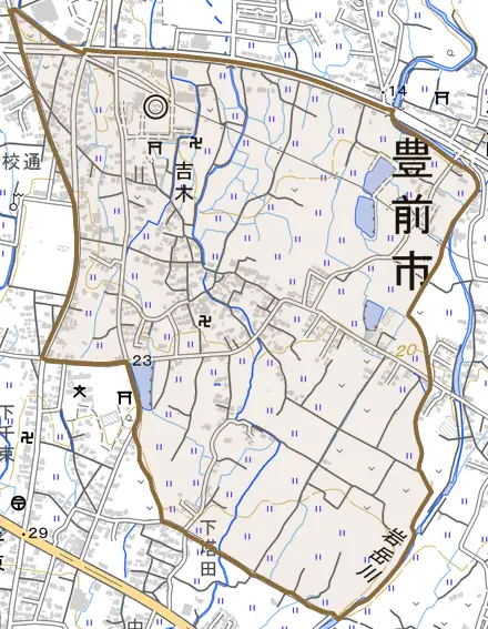 大字吉木とその周辺の地図。町の範囲を重ねている
