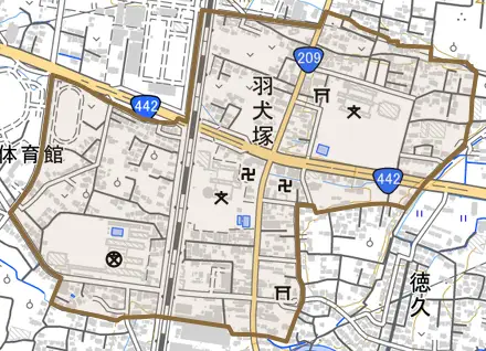 大字羽犬塚とその周辺の地図。町の範囲を重ねている