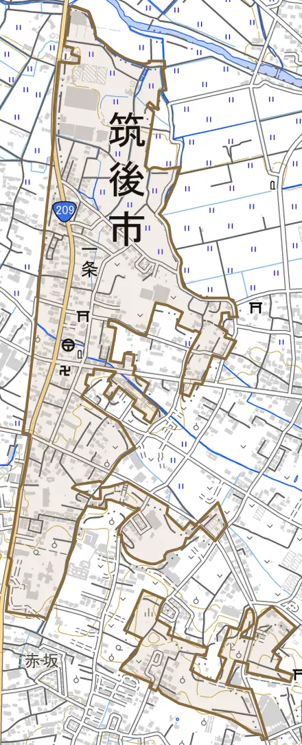 大字一条とその周辺の地図。町の範囲を重ねている