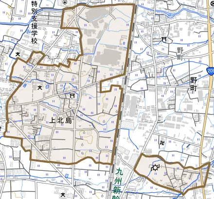 大字上北島とその周辺の地図。町の範囲を重ねている