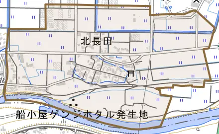大字北長田とその周辺の地図。町の範囲を重ねている