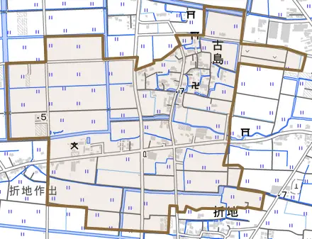 大字古島とその周辺の地図。町の範囲を重ねている