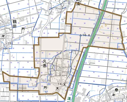 大字久恵とその周辺の地図。町の範囲を重ねている