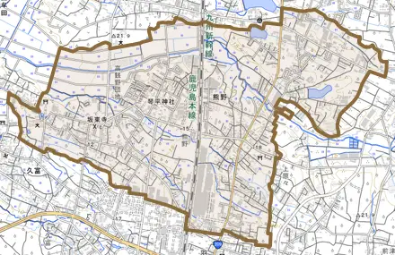 大字熊野とその周辺の地図。町の範囲を重ねている