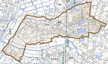 大字蔵数とその周辺の地図。町の範囲を重ねている