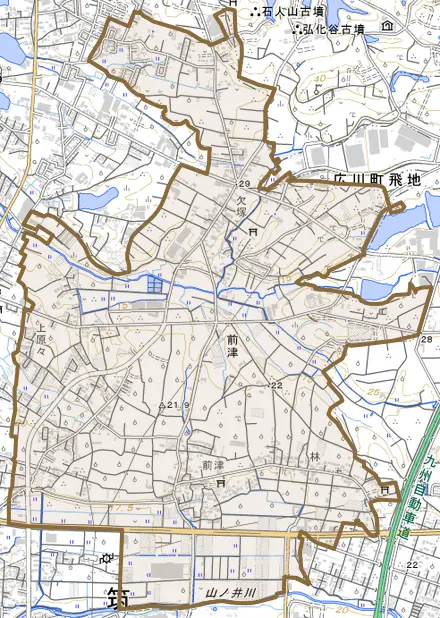 大字前津とその周辺の地図。町の範囲を重ねている