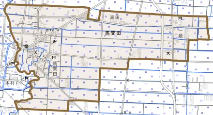 大字馬間田とその周辺の地図。町の範囲を重ねている