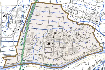 大字溝口とその周辺の地図。町の範囲を重ねている
