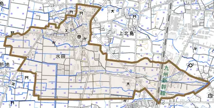 大字水田とその周辺の地図。町の範囲を重ねている