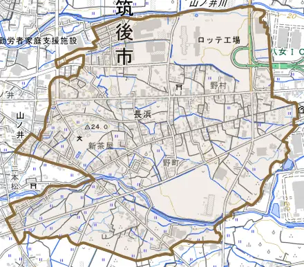 大字長浜とその周辺の地図。町の範囲を重ねている