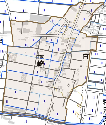 大字長崎とその周辺の地図。町の範囲を重ねている