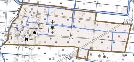 大字中牟田とその周辺の地図。町の範囲を重ねている