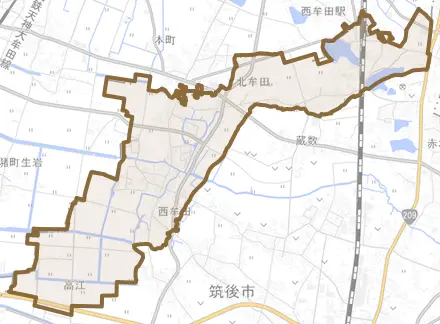 大字西牟田とその周辺の地図。町の範囲を重ねている