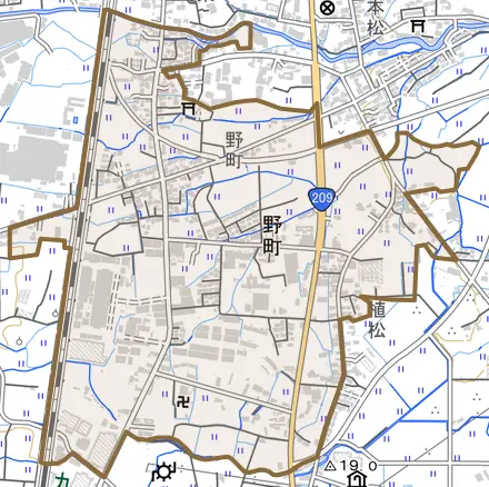 大字野町とその周辺の地図。町の範囲を重ねている