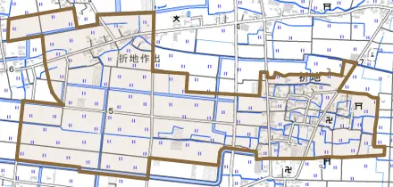 大字折地とその周辺の地図。町の範囲を重ねている