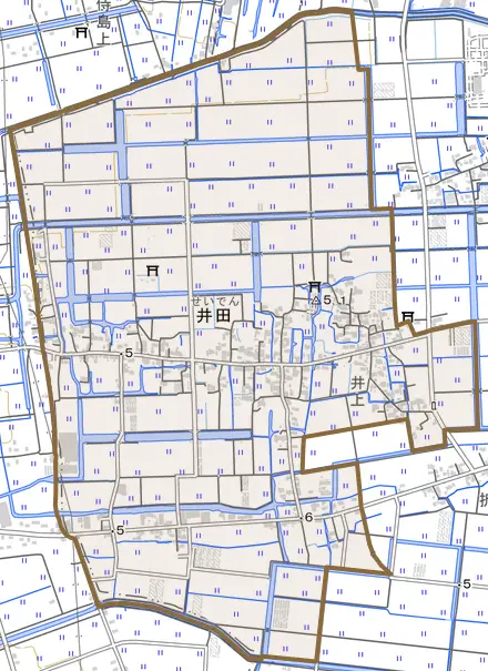 大字井田とその周辺の地図。町の範囲を重ねている