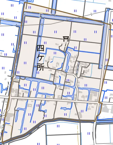大字四ケ所とその周辺の地図。町の範囲を重ねている