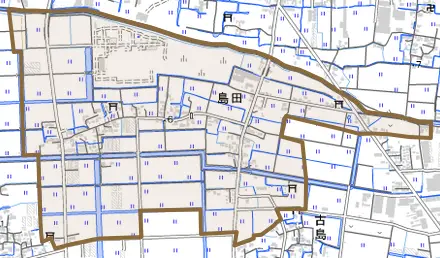 大字島田とその周辺の地図。町の範囲を重ねている