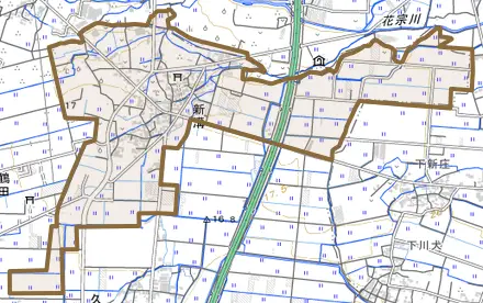 大字新溝とその周辺の地図。町の範囲を重ねている