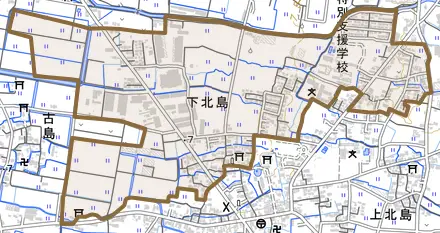 大字下北島とその周辺の地図。町の範囲を重ねている