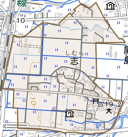 大字志とその周辺の地図。町の範囲を重ねている