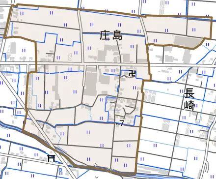 大字庄島とその周辺の地図。町の範囲を重ねている