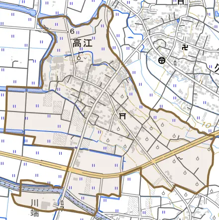 大字高江とその周辺の地図。町の範囲を重ねている