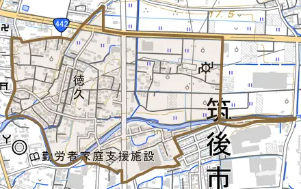 大字徳久とその周辺の地図。町の範囲を重ねている