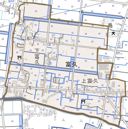 大字富久とその周辺の地図。町の範囲を重ねている